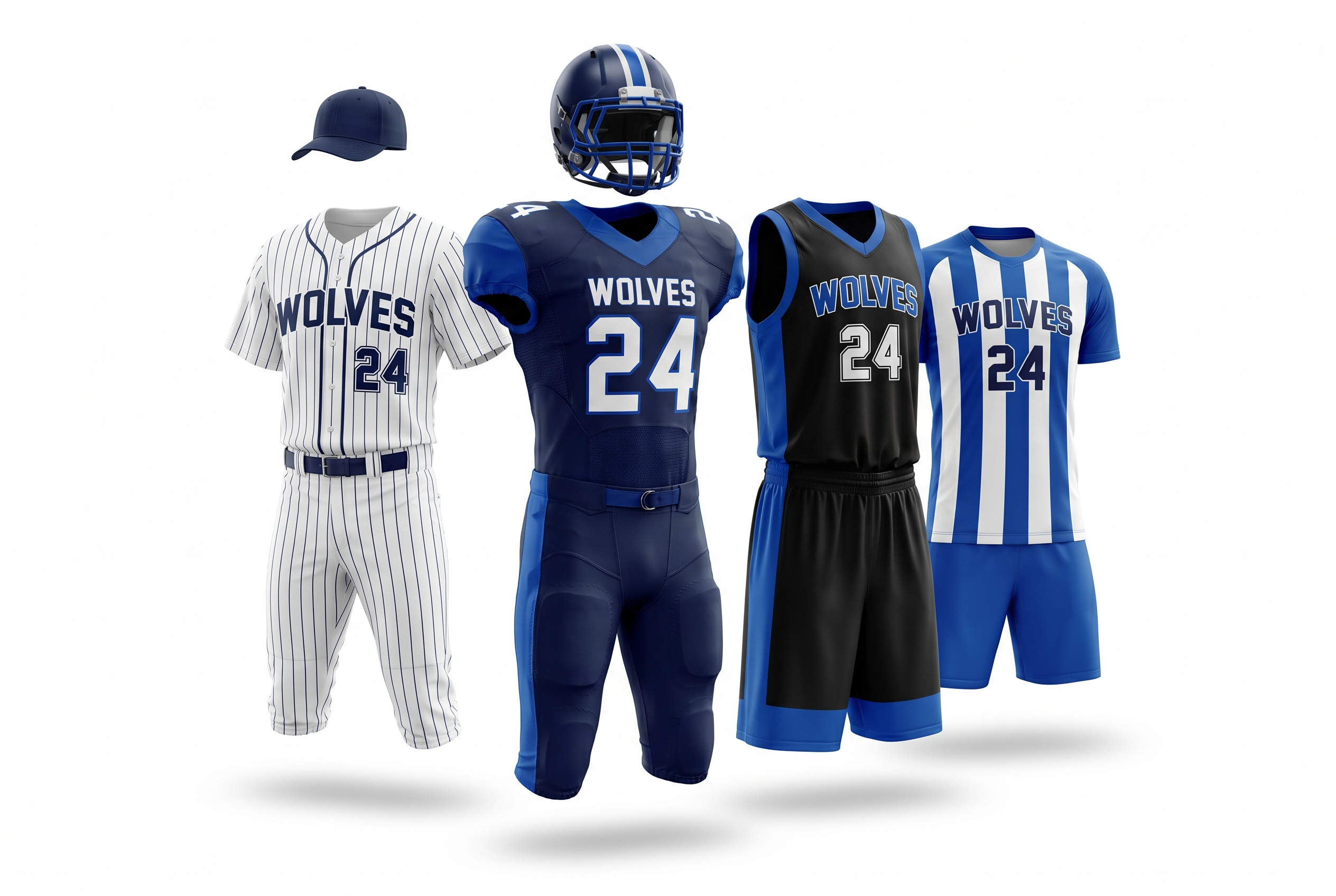 WOLVES custom uniforms — baseball, football, basketball, soccer